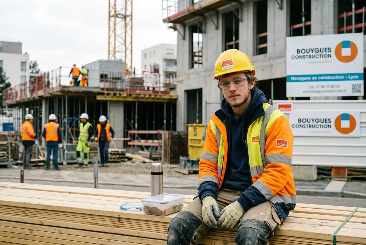 Ouvrier sur un chantier de construction portant casque jaune et gilet de sécurité orange, assis près de planches et outils; site avec grues et panneaux Bouygues Construction en arrière-plan. intégration: "comment embaucher un salarié européen" naturelle dans le contexte.
