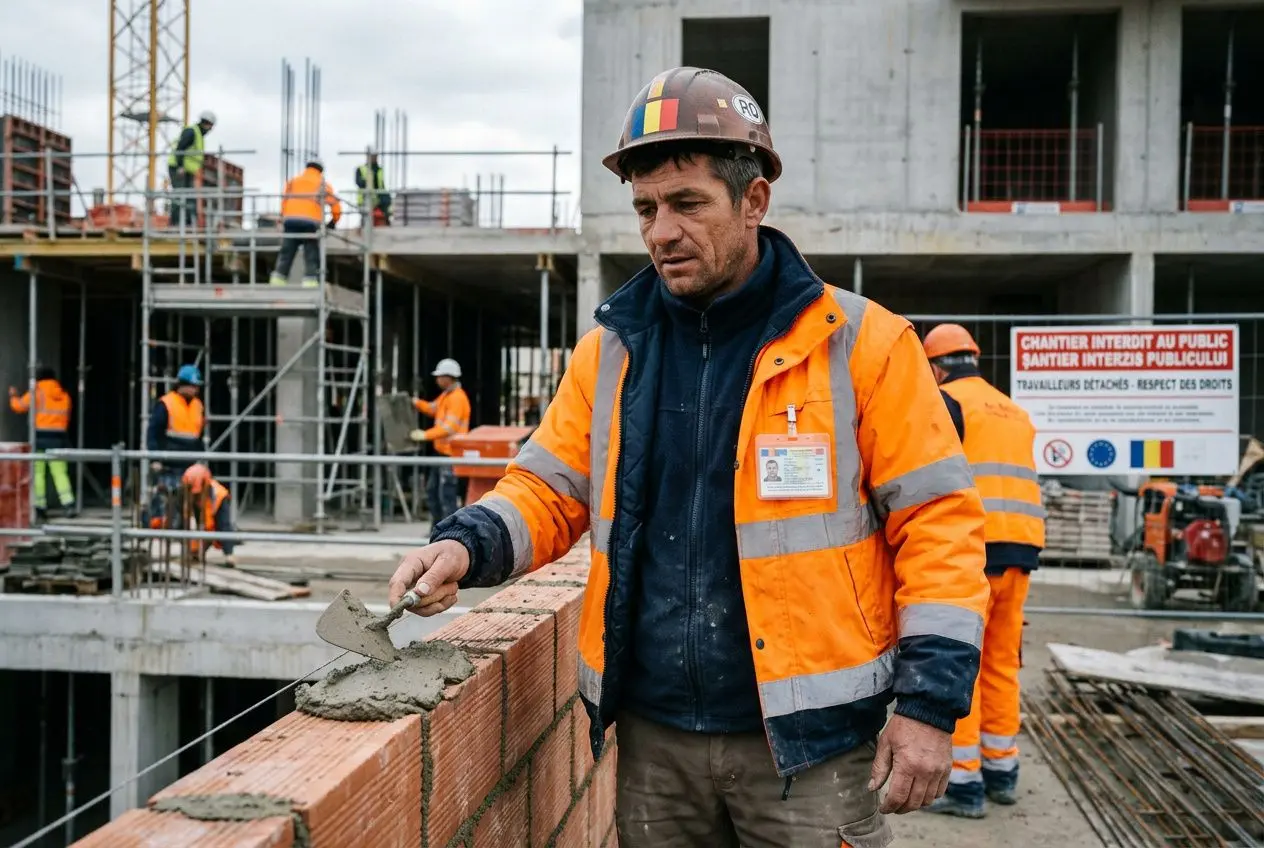 Ouvrier en chantier posant des briques, nouvelles constructions en arrière-plan, sécurité et标 réglementation affichée sur le site. (required to include keyword)