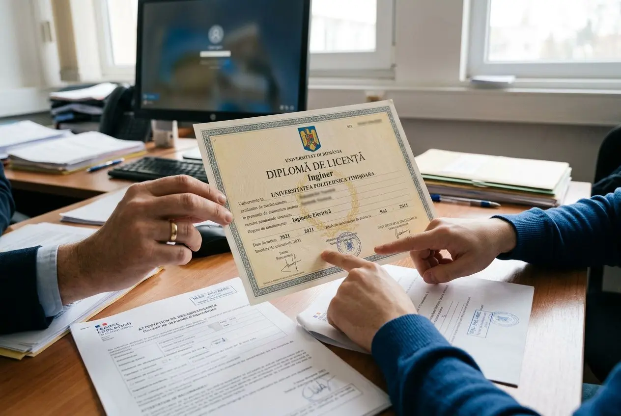 Personnes échangeant un diplôme roumain à un bureau, promesse de reconnaissance diplôme roumain en France pour l’exercice professionnel.