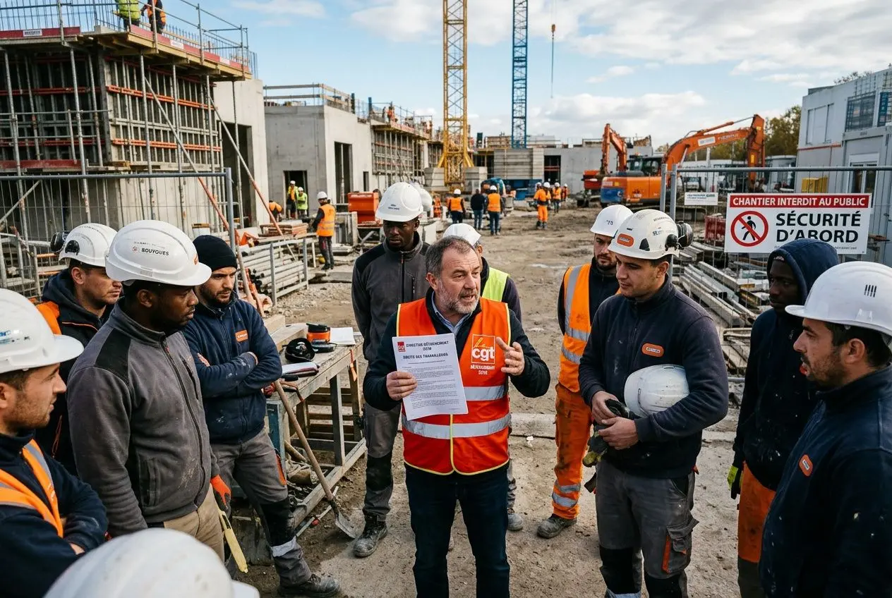Présentateur sur chantier, casque et gilet orange, remet un document aux ouvriers lors d’une réunion sécurité sur un site de construction. Texte et pancarte sécurité visibles. Intègre le mot-clé: directive détachement 2018 dans une description fluide.