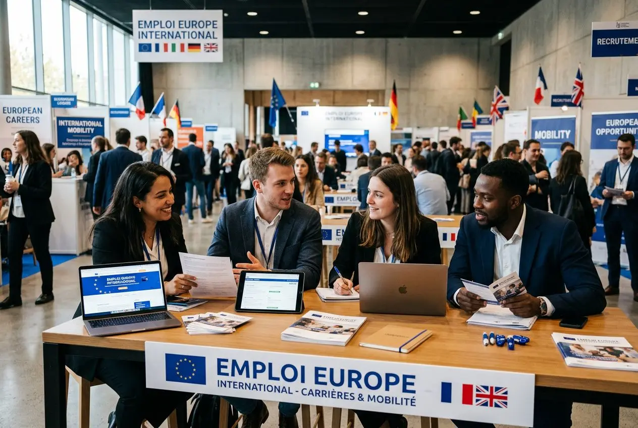 Quatre professionnels discutent autour d’un stand “EMPLOI EUROPE” lors d’un salon international, avec écrans et brochures. Intégration du thème: travailler dans un autre pays européen.