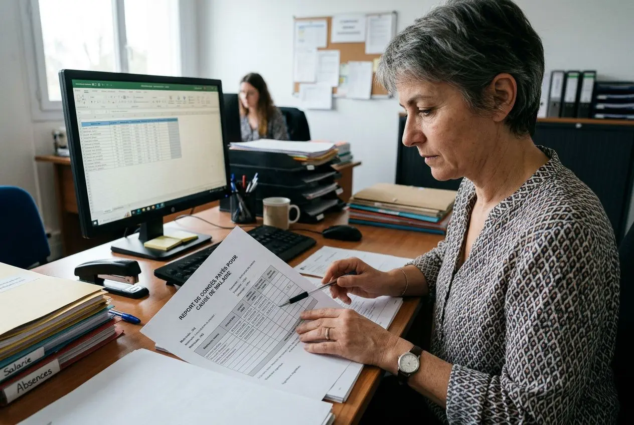 Une salariée âgée lit des documents sur son bureau, à côté d’un ordinateur et d’un tas de dossiers. Alt text intégré: congés payés droit européen, examine un formulaire lié à l’acquisition d’un congé pendant un arrêt maladie.