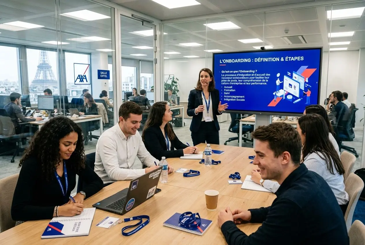 Salle de formation avec une présentatrice et un écran affichant « onboarding définition »; équipe en réunion autour d'une table, notes, laptops et badges.