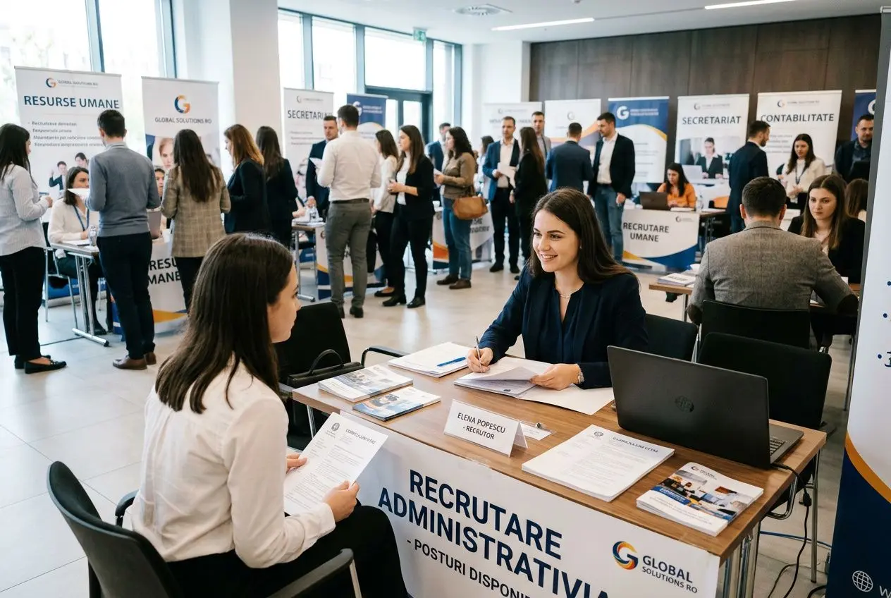 Salon de recrutement administratif avec des candidats et recruteurs, affiches et stands en arrière-plan, ambiance professionnelle. travailleurs roumains qualifiés europe