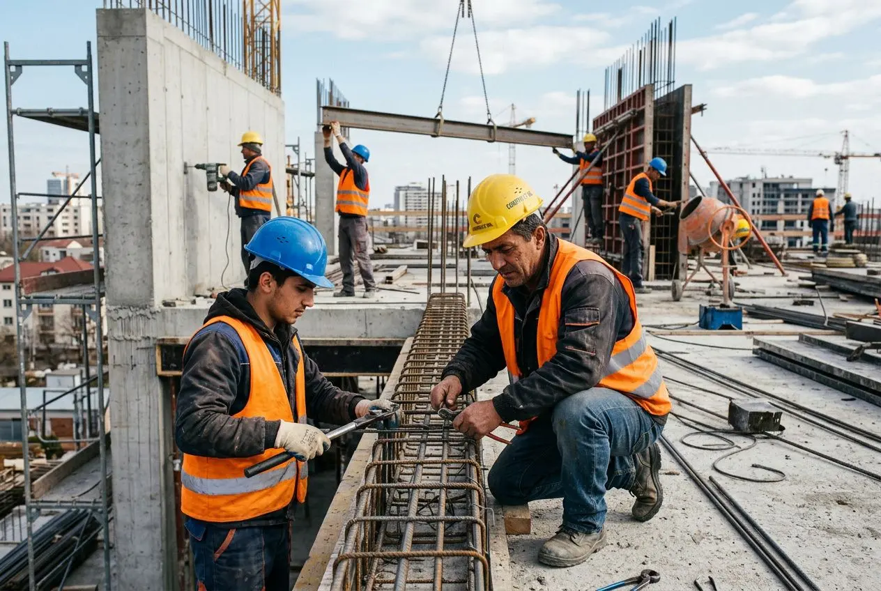 Travailleurs roumains qualifiés Europe sur un chantier, portant gilets et casques, assemblant des armatures en béton.