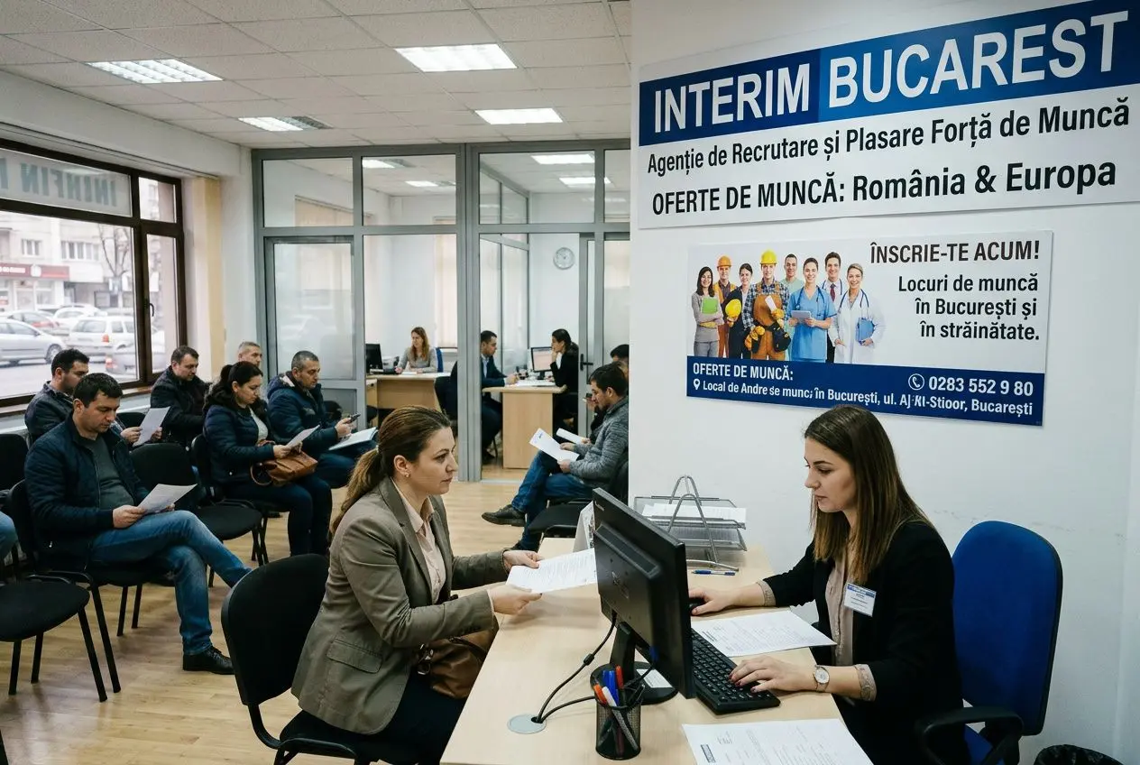 Agence intérim Roumanie Bucarest: agence d’intérim et de recrutement, bureaux avec personnel et affiches « INTERIM BUCAREST » et collaborateurs travaillant à des postes d’accueil.