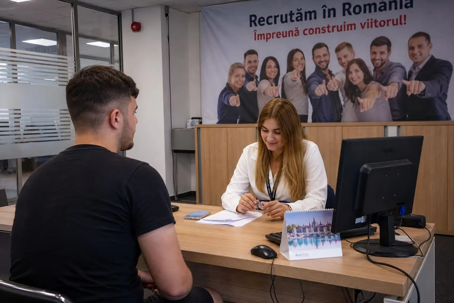 Agence intérim Roumanie Bucarest : une conseillère reçoit un candidat masculin à un bureau, avec panneau “Recrutăm în România” en arrière-plan.