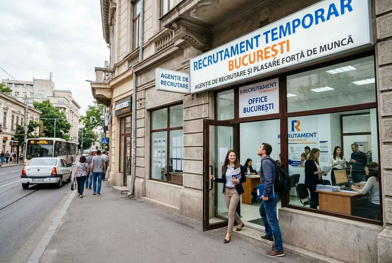 Agence recrutement temporaire Bucarest devanture et équipe au bureau, façade urbaine et passants près de l’agence.