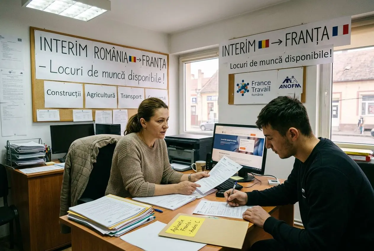 Agents d’intérim en réunion de recrutement franco-roumaine, signature de documents et affiches « Interimm Româna-Franța » visibles. agence interim h travail temporaire roumanie france