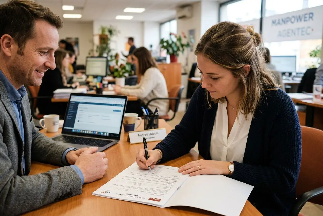 Deux professionnels signent un contrat sur une table de travail en bureau, sourire et échange autour du document. contrat de mise à disposition entre entreprise et intérimaire est évoqué dans le cadre d’un travail temporaire.