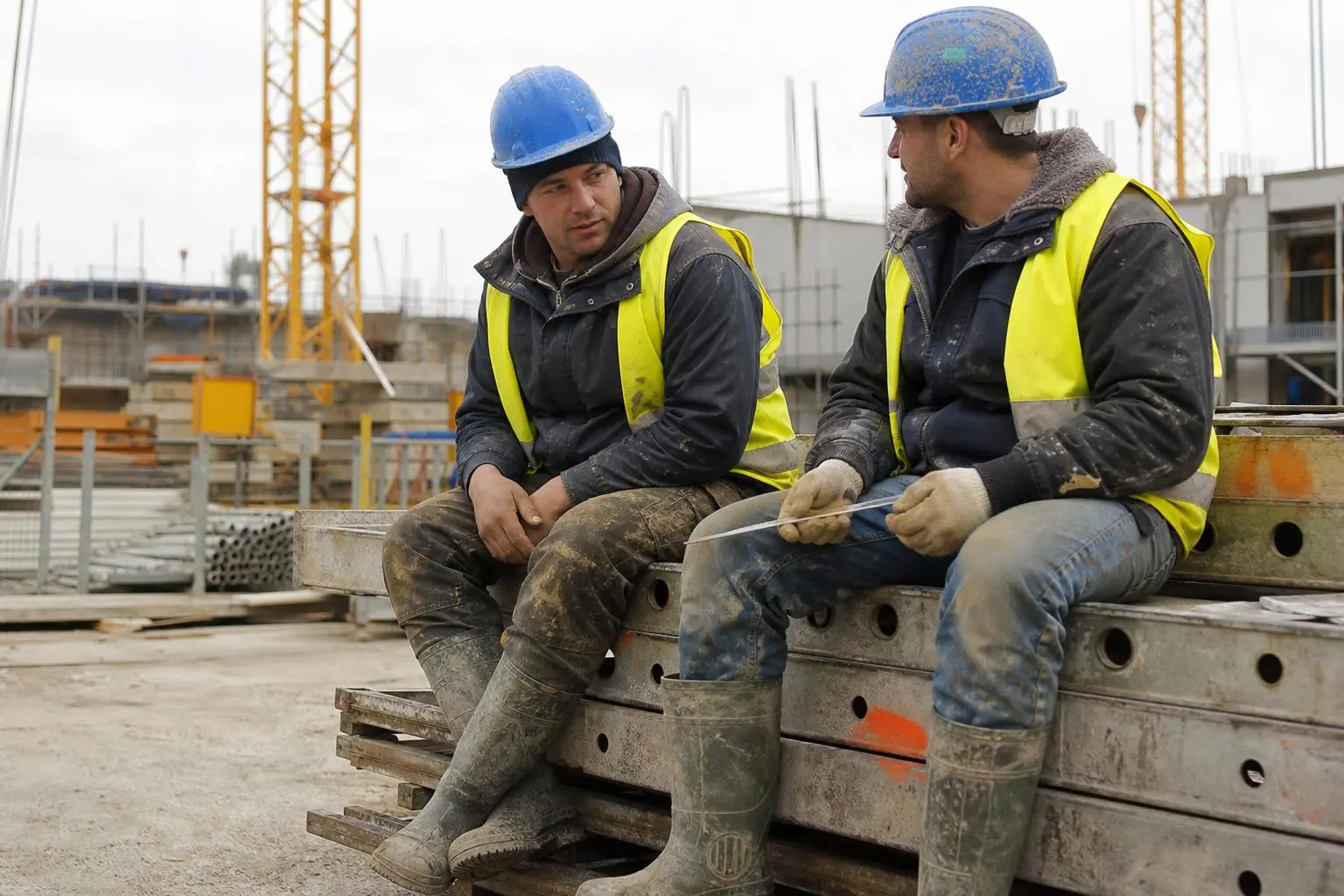 Deux travailleurs en sécurité sur un chantier, vestes jaunes et casques bleus, discutant assis sur des pilers, entourés d’éléments de construction. Spécialités travailleurs temporaires roumanie intégrée.