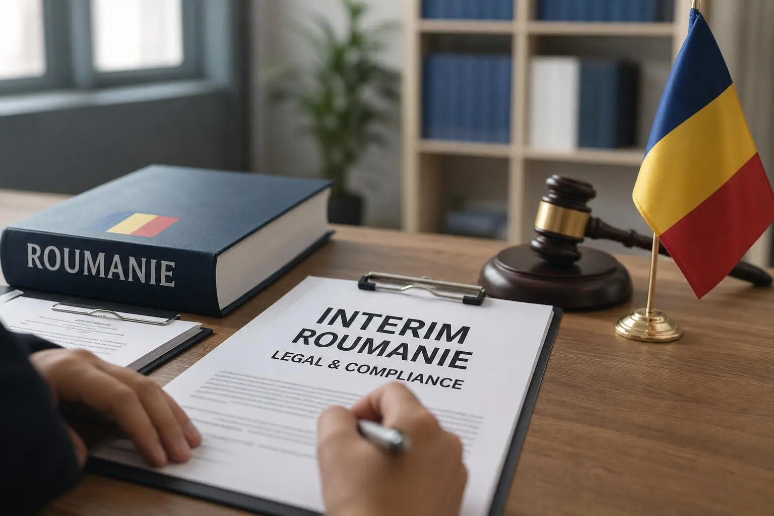 Document signé d’intérim Roumanie: dossier légal et conformité sur un bureau, drapeau roumain et livre Roumanie. agence interim roumanie bucarest est à l’affiche.