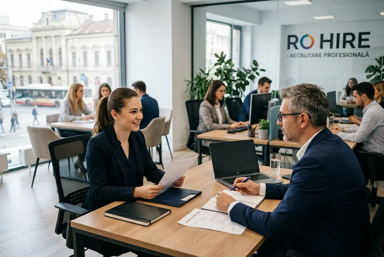 Entretiens professionnels dans un bureau moderne : deux candidats discutent, documents et ordinateur sur la table, logo ROHIRE en arrière-plan. travailleurs qualifiés disponibles roumanie.