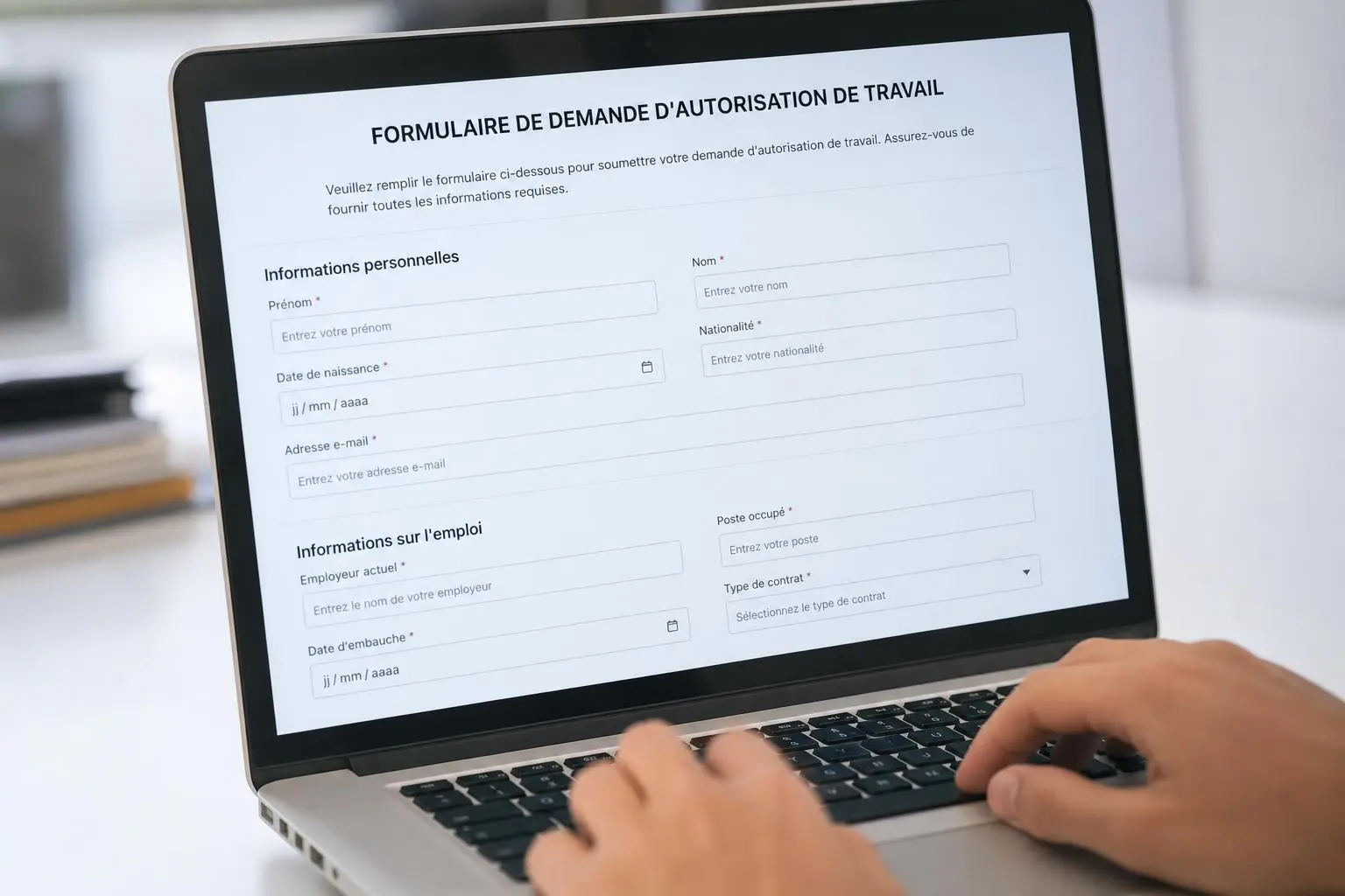Formulaire de demande d'autorisation de travail sur un ordinateur portable, prêt à remplir pour une demande d'autorisation de travail pour un salarié étranger.