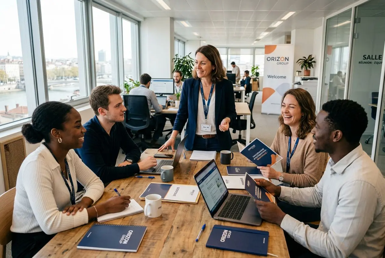 Groupe de collaborateurs lors d’une séance d’onboarding, échanges autour d’un table avec livret et ordinateur, ambiance professionnelle. intégration des nouveaux salariés et livret d’accueil en vue.