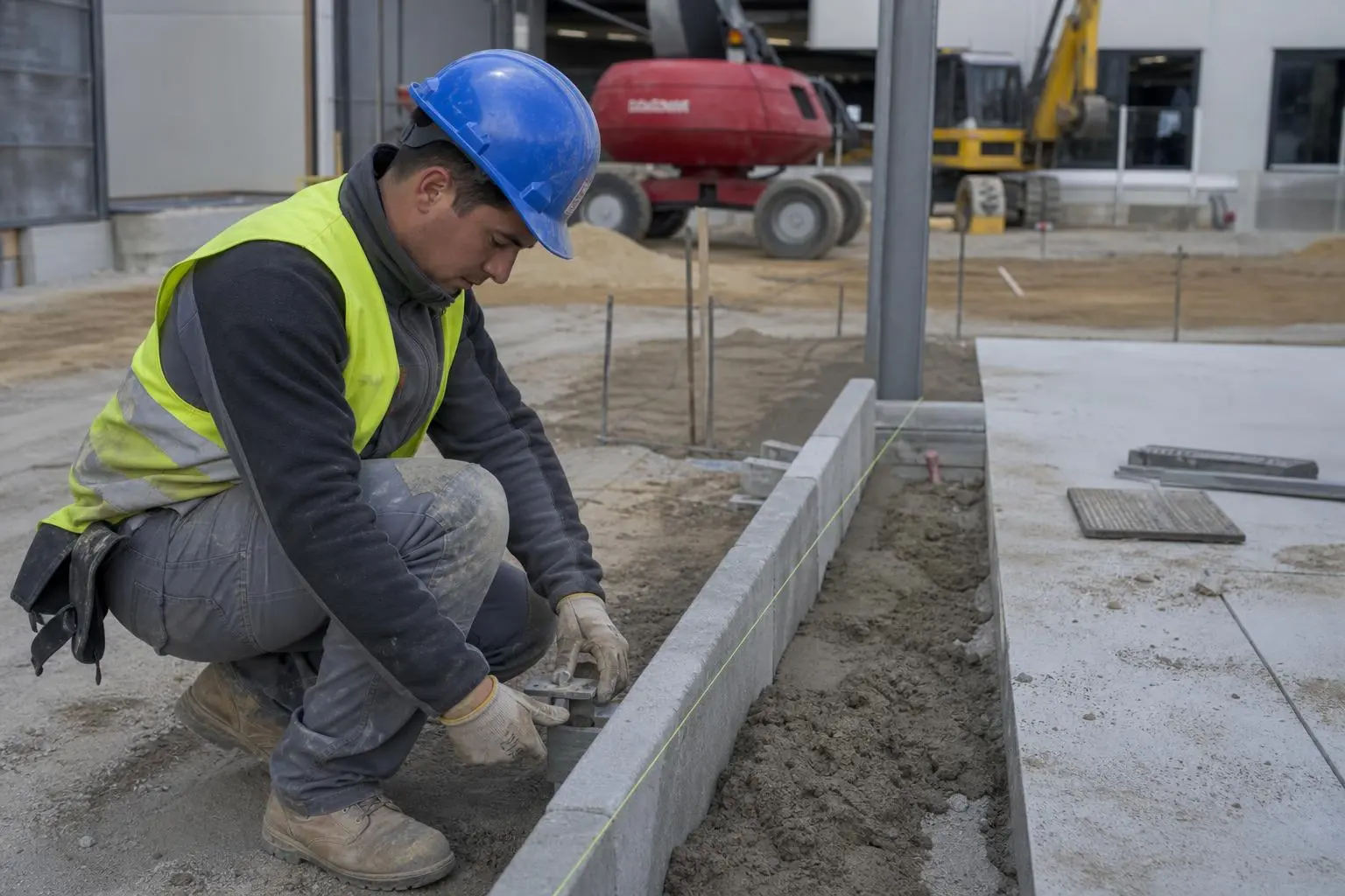 Ouvrier portant casque bleu et gilet jaune, posant des briques et travaillant sur une construction avec béton et sable autour.