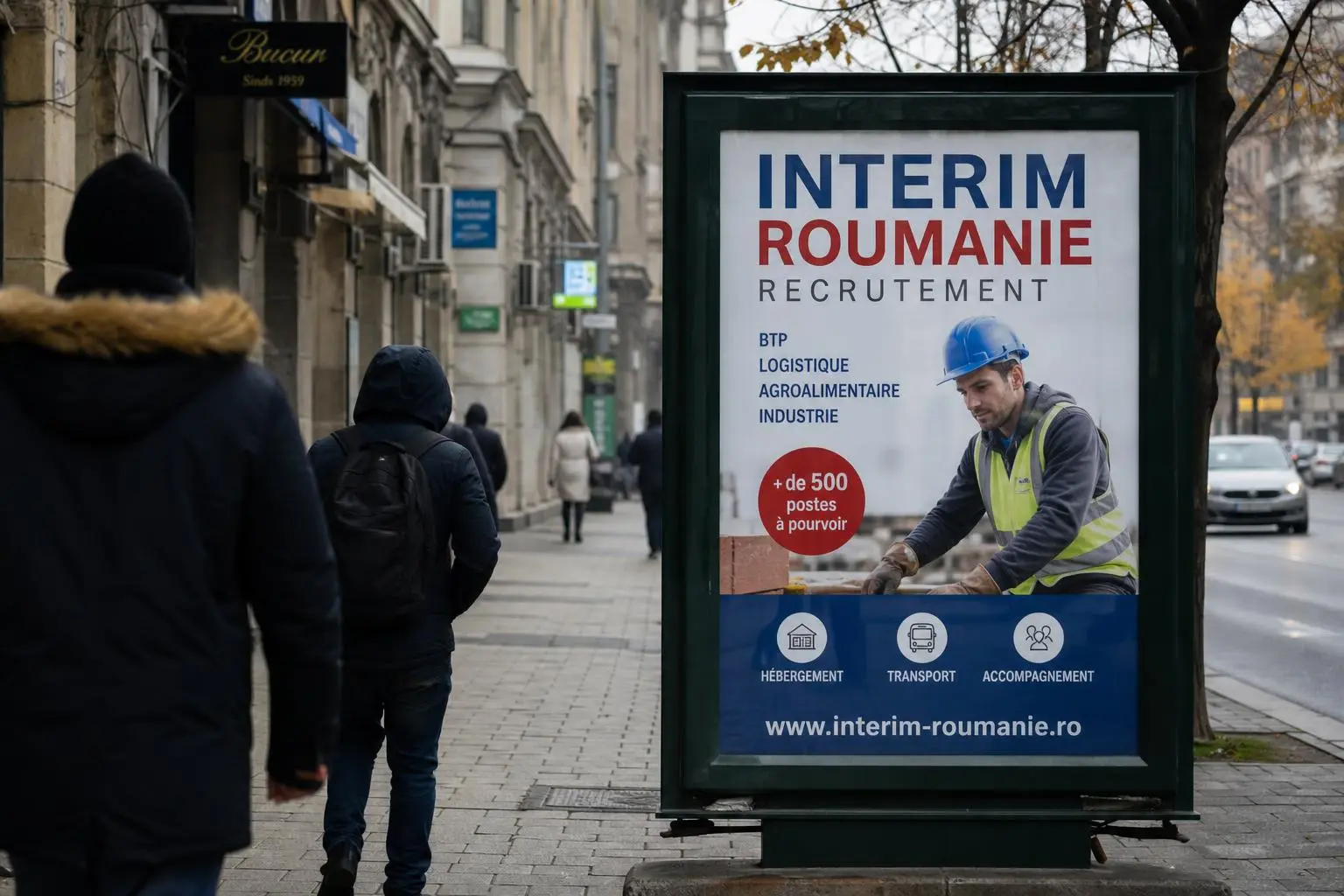 Panneau publicitaire "Interim Roumanie" sur trottoir, homme en casque et gilet de sécurité, rue urbaine, affichage recrutement et sites web. (interim roumanie moins de 15 jours)