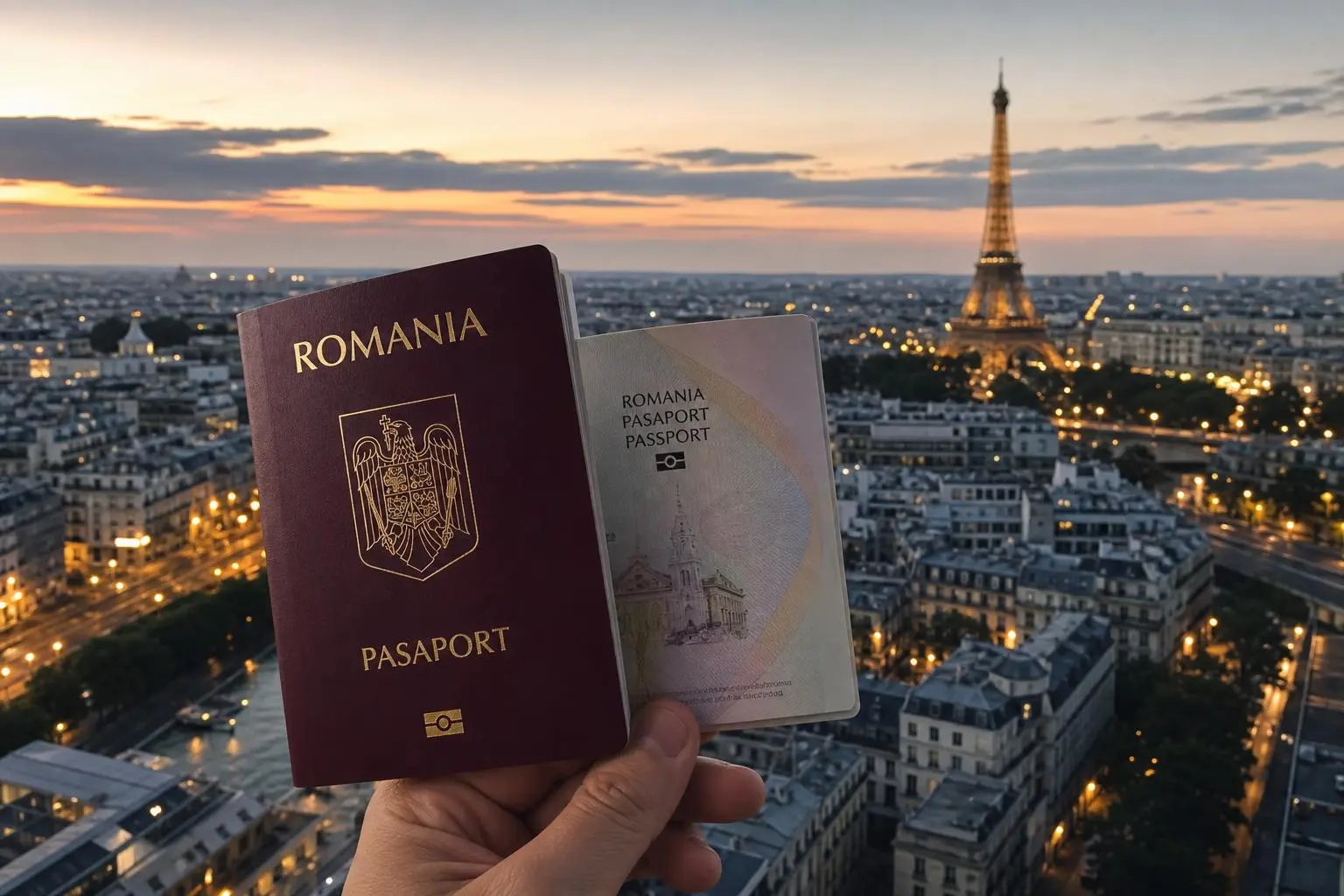 Passeport roumain et visa de voyage tenus devant la ville de Paris au coucher du soleil, symbole de travailler en france pour un roumain.