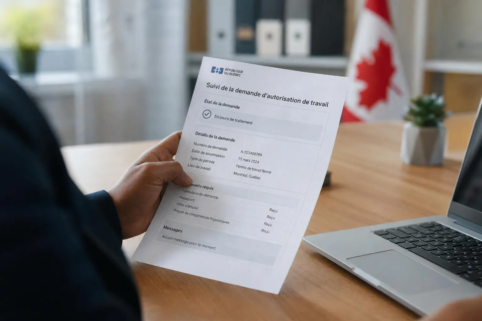 Personne tenant un formulaire papier intitulé Suivi de la demande d'autorisation de travail, posé sur un bureau à côté d’un ordinateur; décor de bureau avec drapeau canadien en arrière-plan. (intègre le mot-clé demandé)