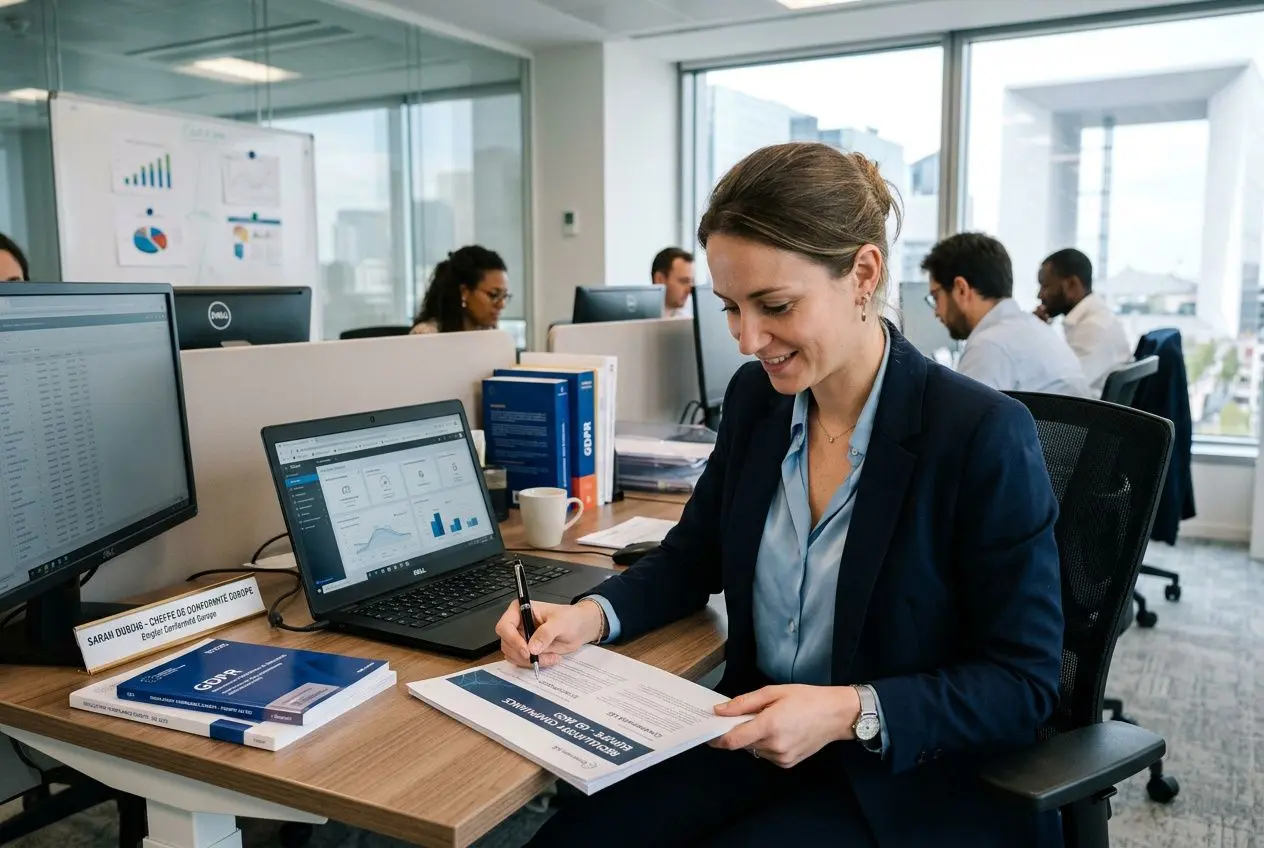 Professionnelle au travail dans un bureau, signant des documents de conformité légale emploi europe sous surveillance d’équipements informatiques et d’étagères spécialisées. conformitÉ légale emploi europe.