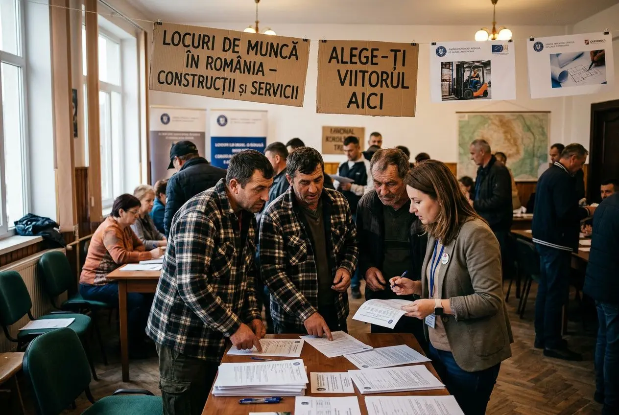 Regroupement d’employés et recruteurs autour de tables avec des documents, affiches et pancartes en roumain, dans une salle d’événement.