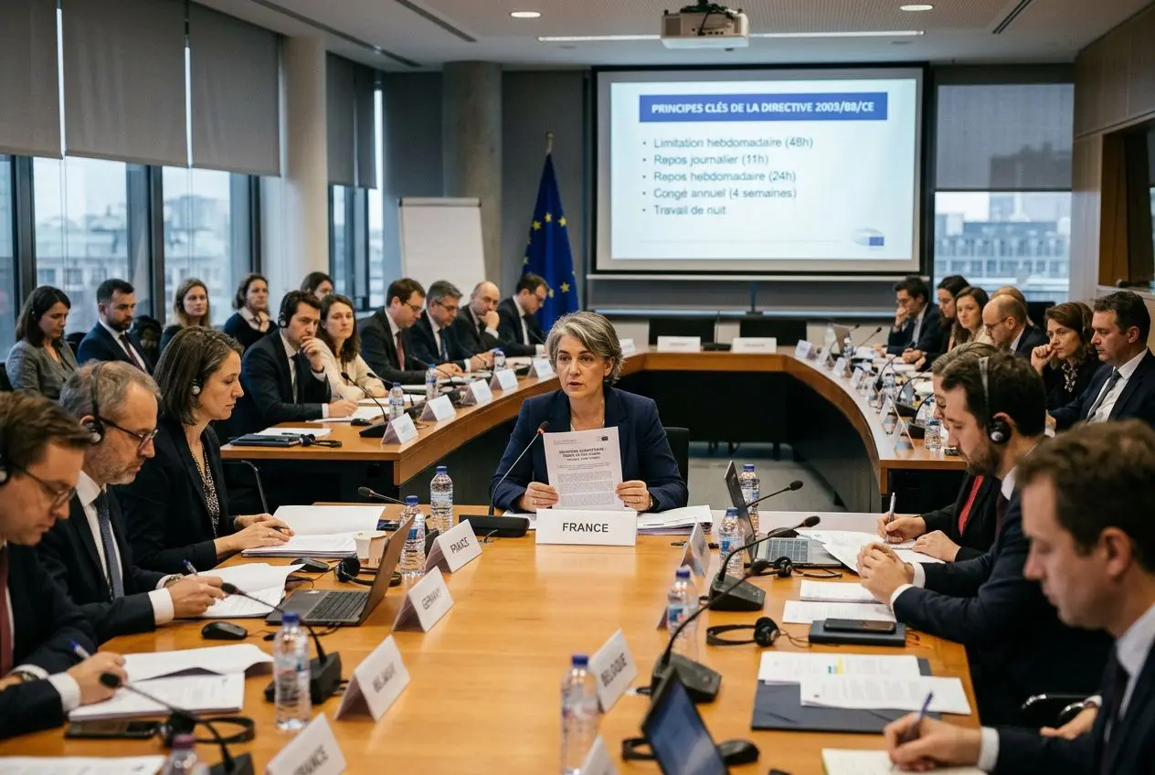 Réunion officielle sur la directive européenne temps de travail 2003/88/CE, avec une intervenante au centre, des députés et professionnels autour d’une grande table.