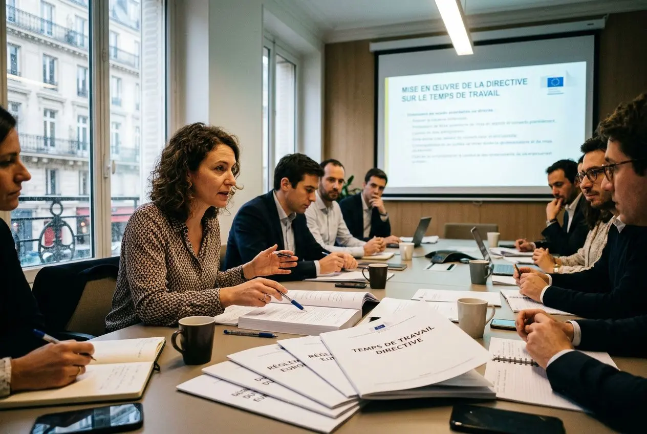 Réunion professionnelle sur la directive européenne temps de travail 2003/88/CE : échanges autour des obligations et droits des salariés.