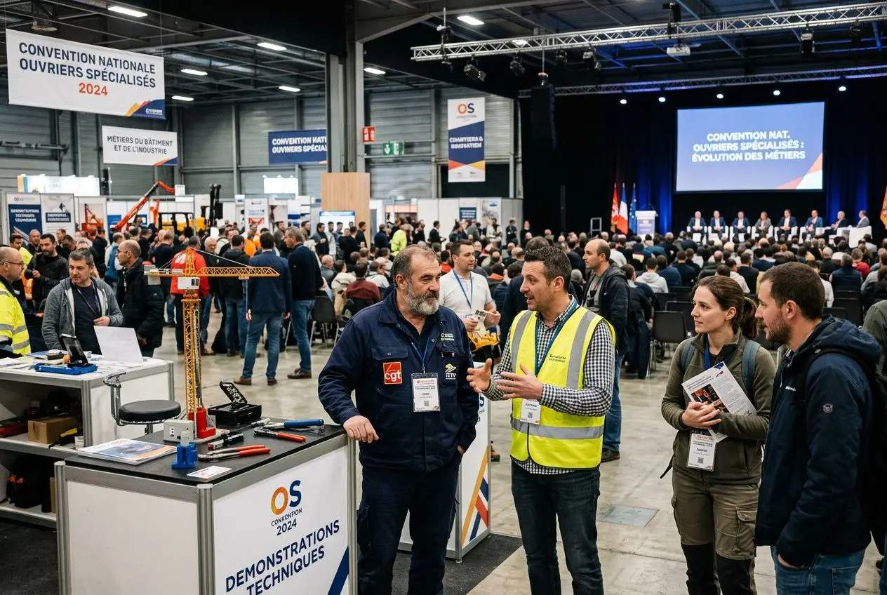 Salon professionnel animé sur la mise à disposition d'ouvriers spécialisés, stands et échanges entre professionnels.