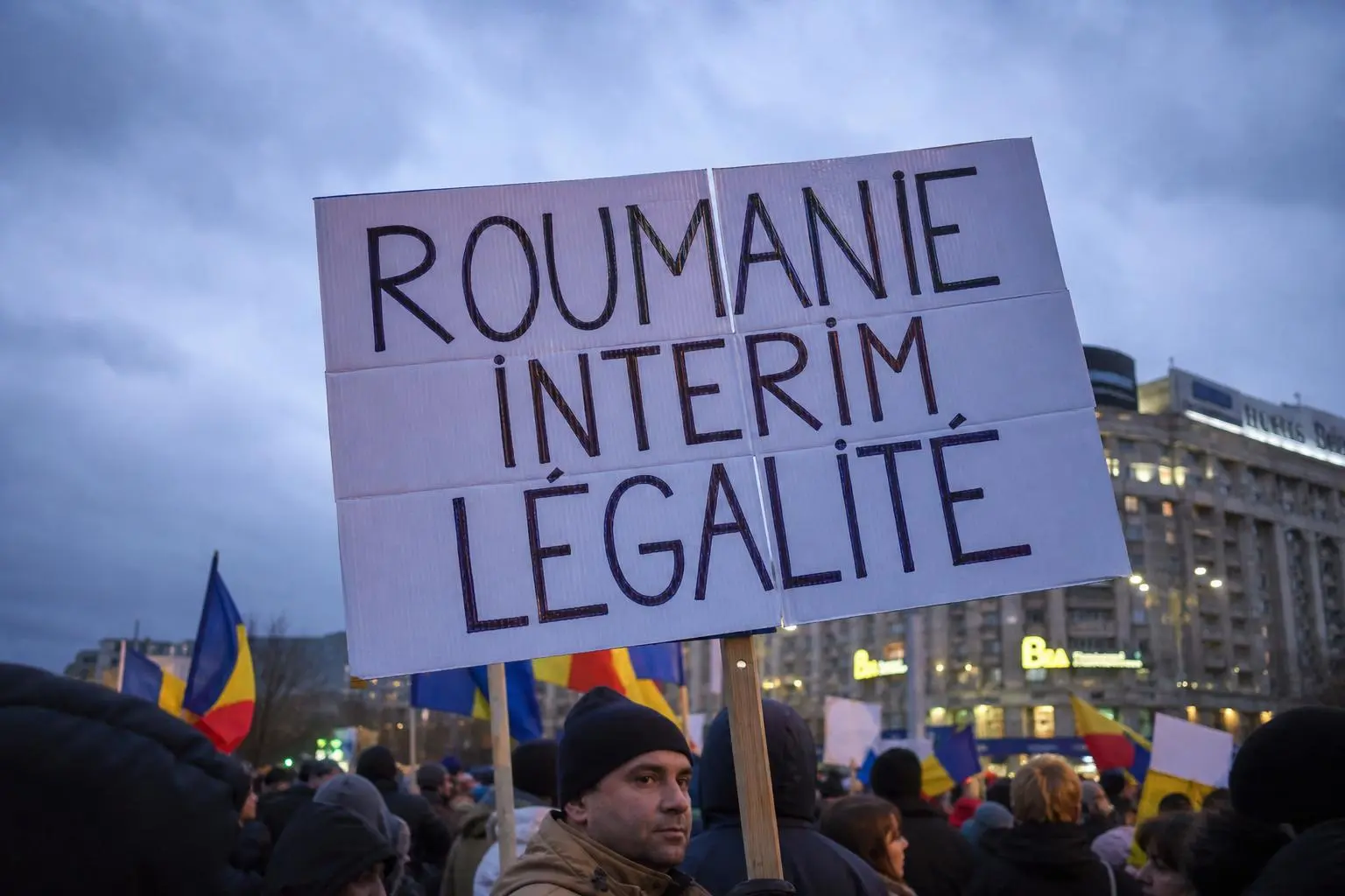 Sign fort sur le rassemblement: pancarte lisible “ROUMANIE INTERIM ÉGALITÉ” lors d’une manifest. |; ambiance fusion: foule, drapeaux roumains, ciel crépusculaire. Intermédiaire: interim roumanie moins de 15 jours intégré naturellement.