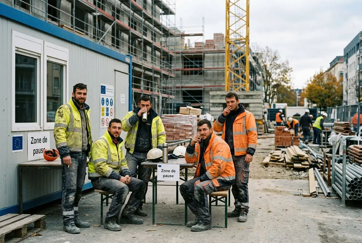 Travailleurs détachés sur un chantier, debout et assis autour d’une table de pause, besogneux en tenues de sécurité orange et gris, cadre de construction en arrière-plan. intégration du mot-clé: travailleurs détachés avantages inconvénients.