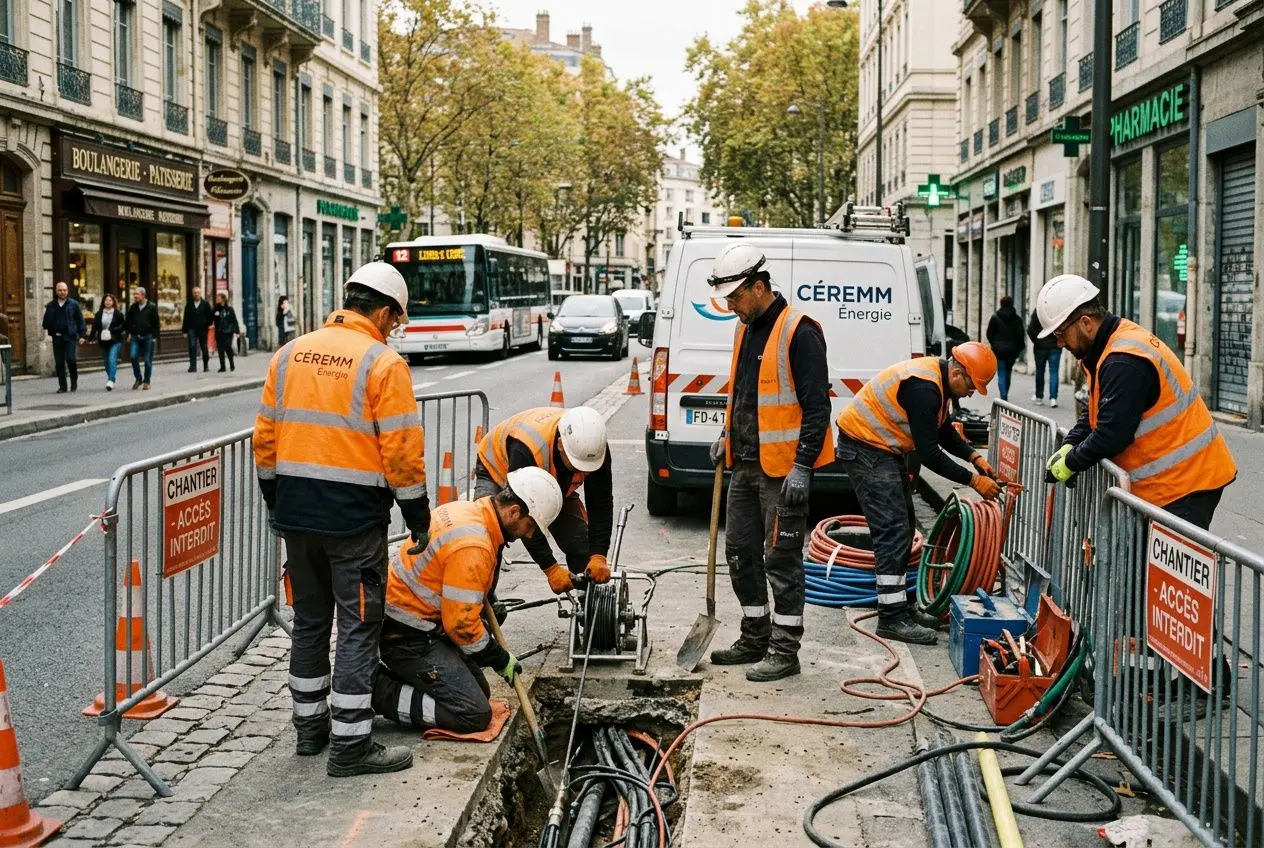 Travailleurs détachés sur un chantier dans une rue, ouvriers en gilet orange et casques examinant des câbles et une tranchée à ciel ouvert. Avantages et inconvénients à connaître.