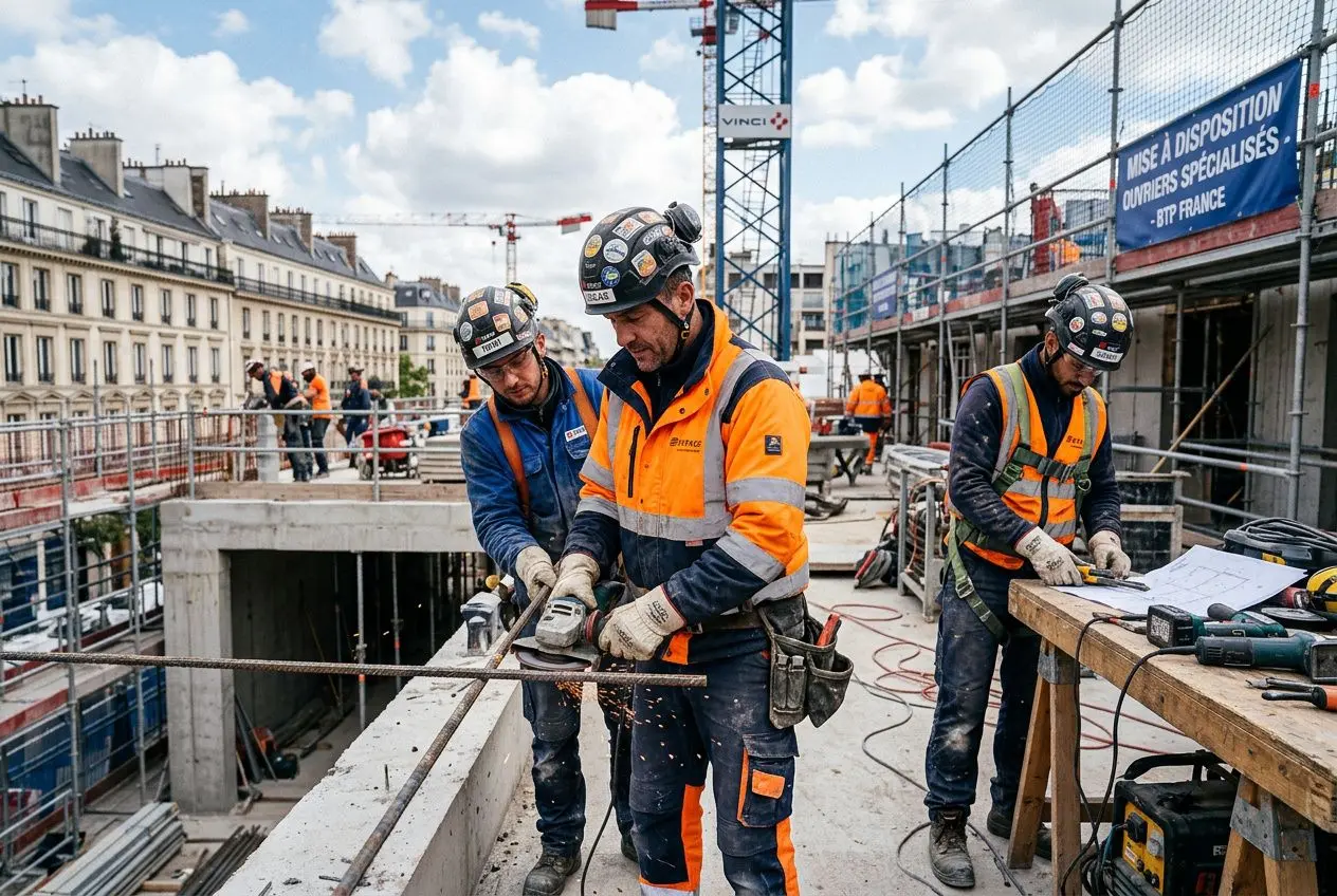 Trois ouvriers en EPI orange et bleu travaillent sur un chantier, coupe de métal et plan de travail à portée, panneaux et grue en arrière-plan. Mise à disposition ouvriers spécialisés.