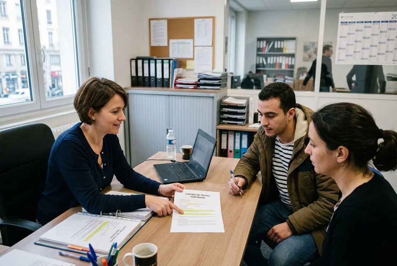Trois personnes discutent autour d’une table au bureau, examinant un contrat de travail édité, avec un ordinateur portable et des documents. Contrat de mise à disposition entre entreprise et intérimaire en contexte.