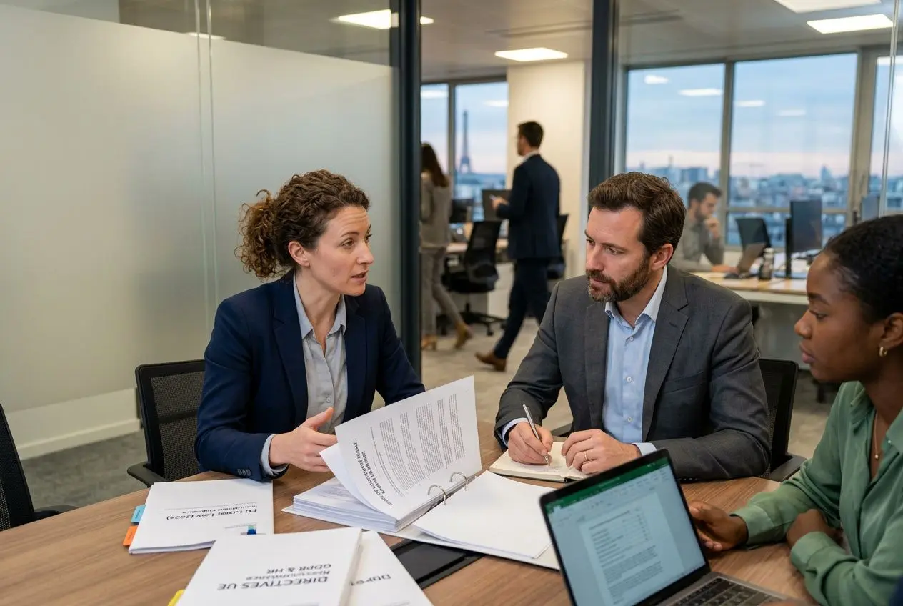 Trois professionnels en réunion discutent de documents (contrats et notes) autour d'une table, dans un bureau moderne.