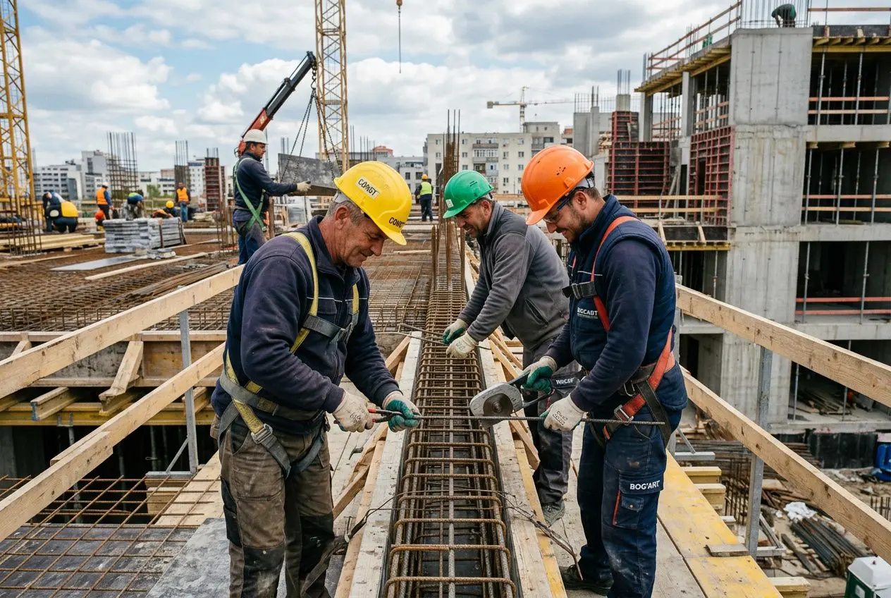 Trois travailleurs qualifiés sur un chantier, l’un bourre et soude des barres de renforcement en cadre, visières et casques colorés.