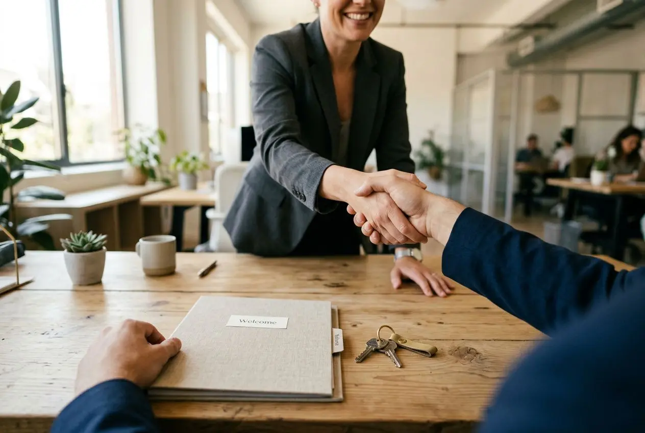 Accueil des nouveaux arrivants dans une entreprise: poignée de main sur un bureau, contrat et clés posés, ambiance professionnelle et accueil chaleureux.