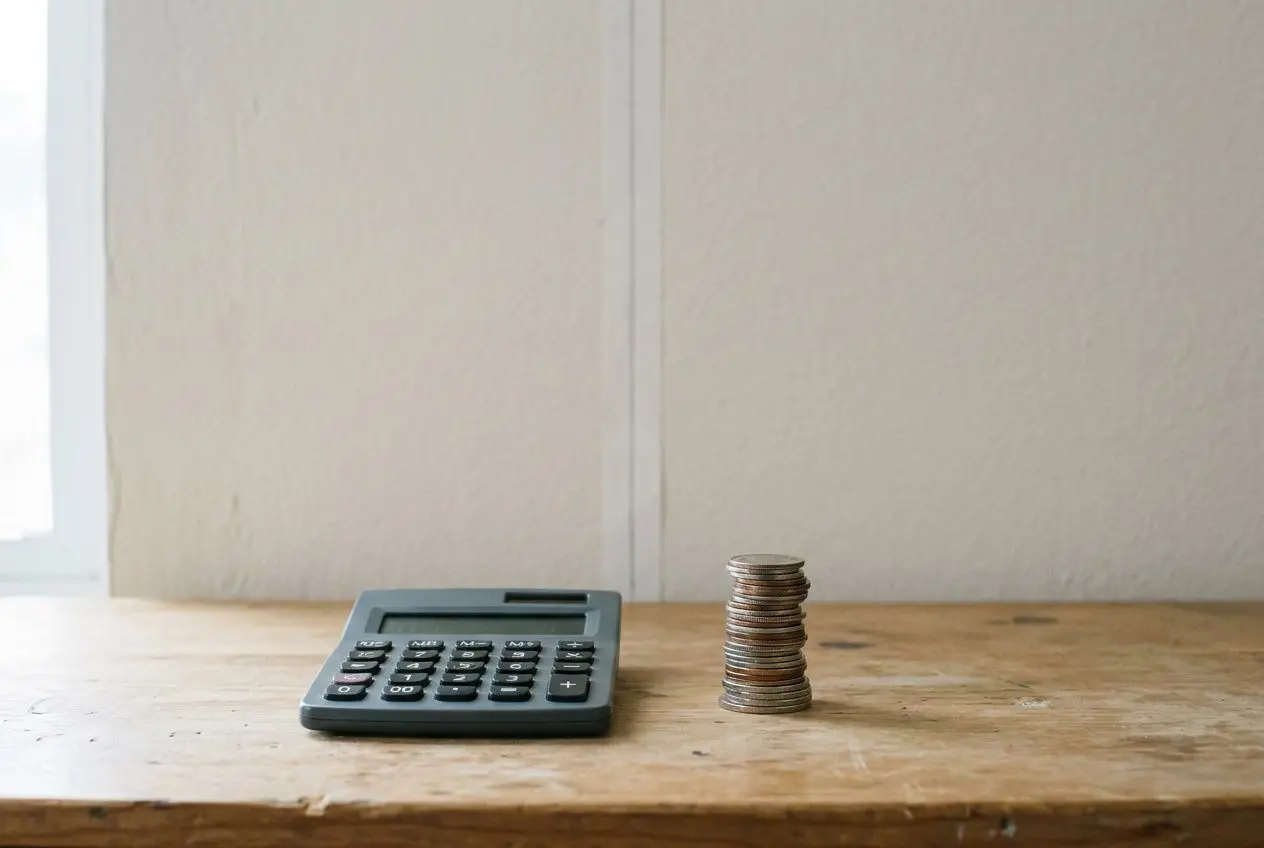 Calculatrice et pile de pièces, illustrant le coût du travail en Roumanie et les comparaisons salariales.