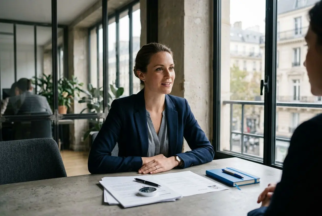 Conseillère en entretien à propos d’un dossier d’expatriation, échange professionnel dans un bureau lumineux. comment s'expatrier en france plausible dialogue.