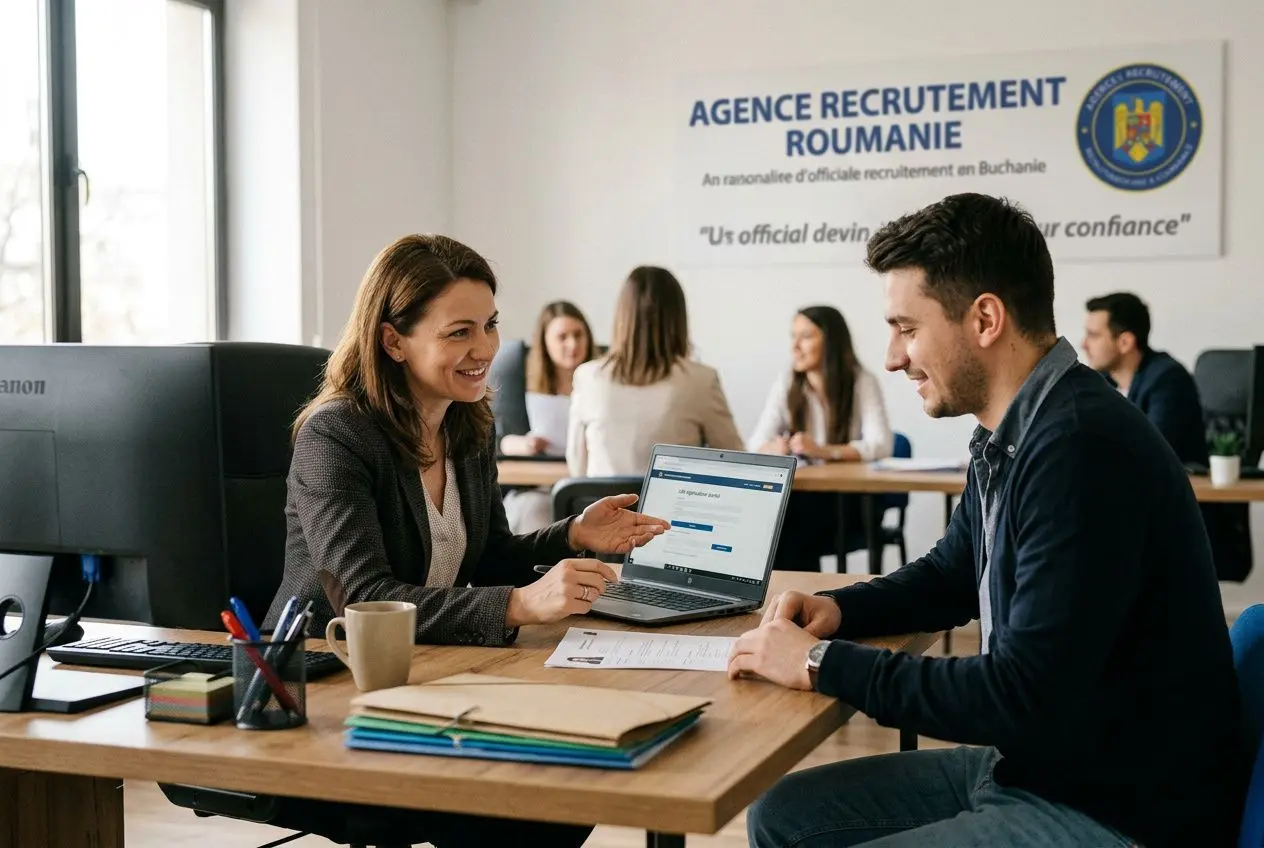 Deux professionnels discutent autour d’un ordinateur portable dans une agence recrutement Roumanie fiable, ambiance professionnelle.