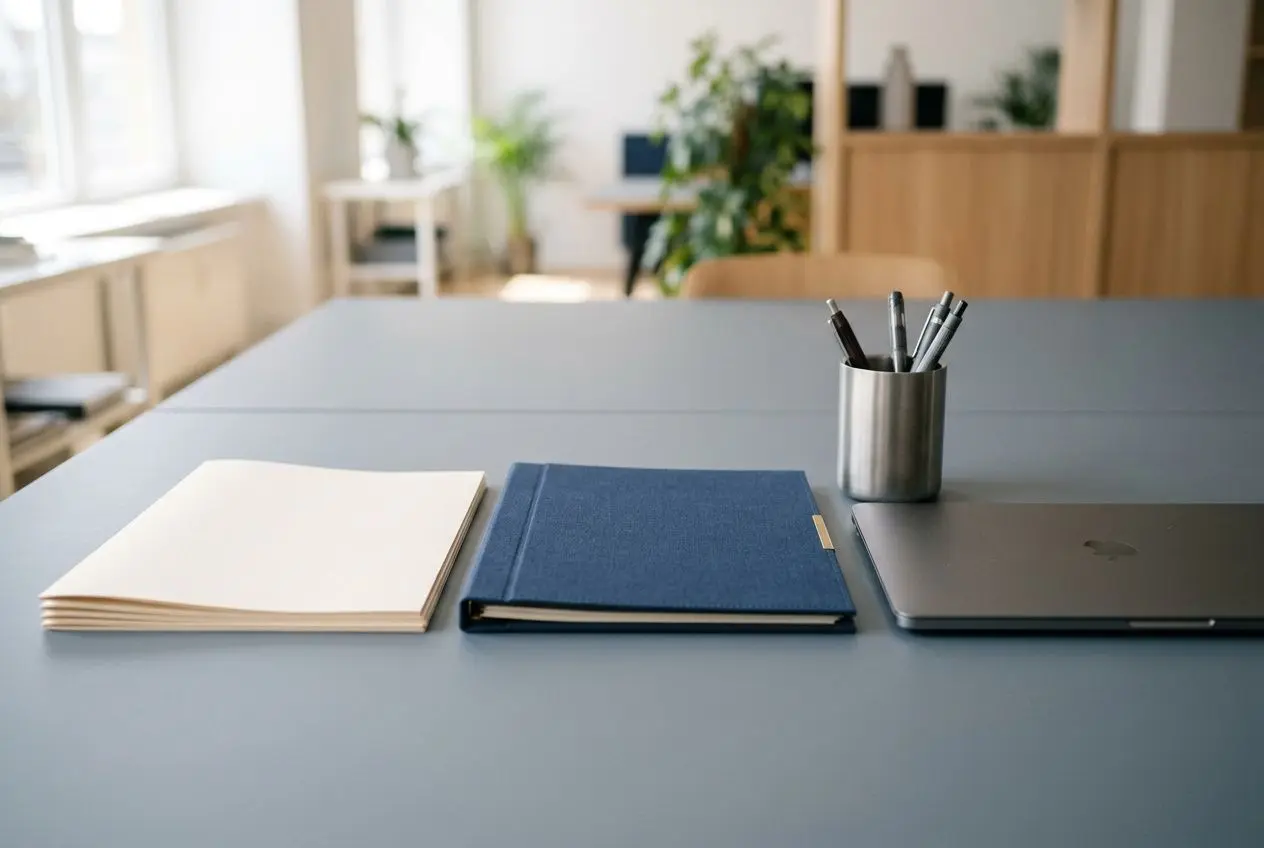 Espace de travail professionnel avec cahiers et carnet sur une table, stylo et ordinateur portable, prêt pour un processus onboarding entreprise.
