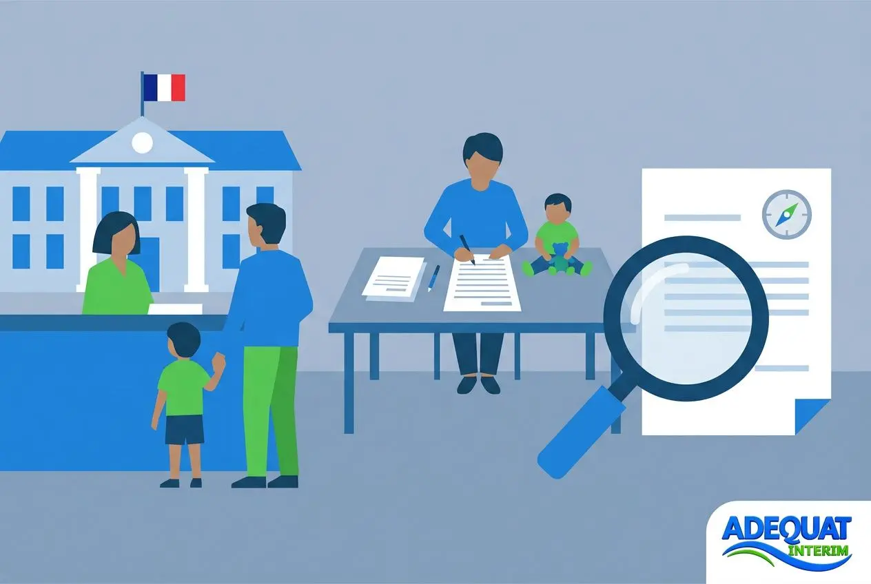 Famille et une personne signant des documents devant un bâtiment administratif, avec une loupe examinant un formulaire, image pour comprendre comment s'expatrier en France.