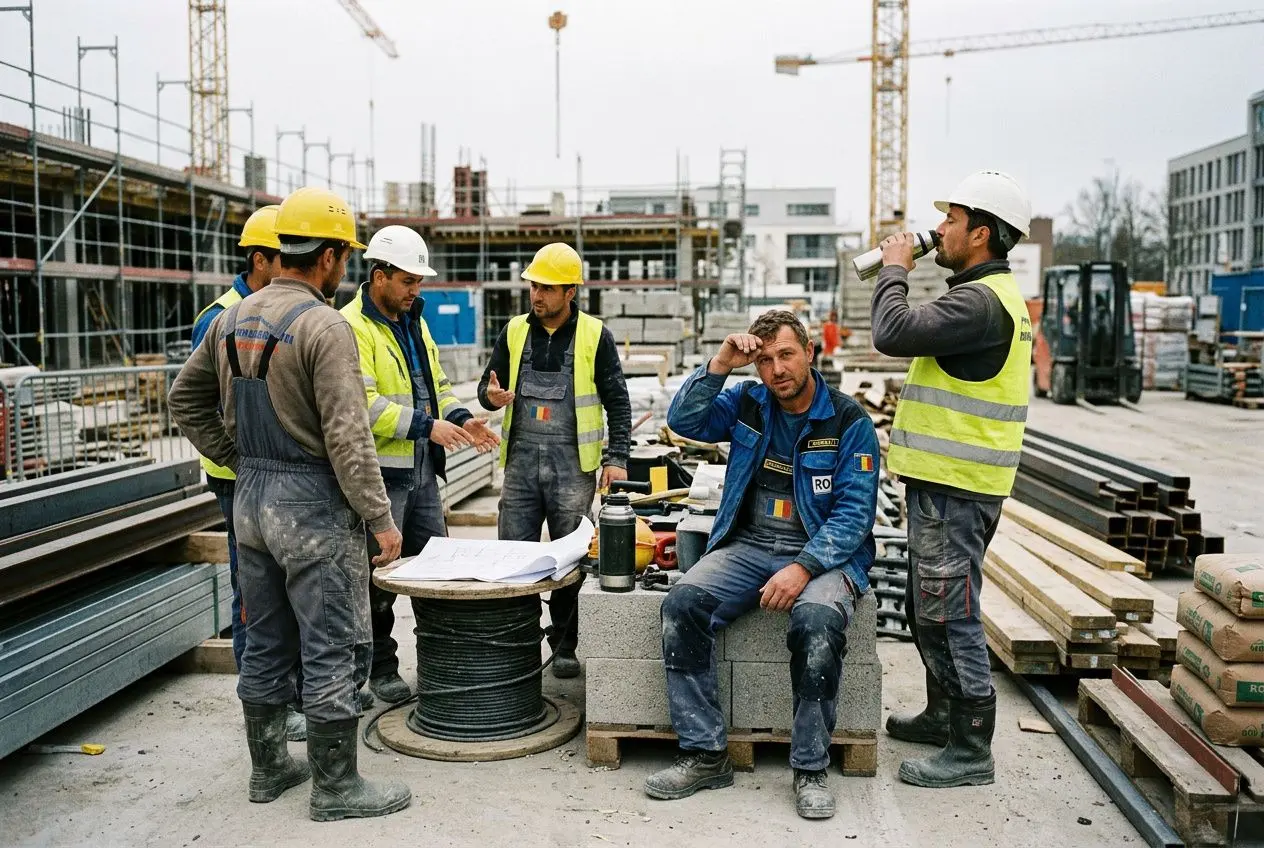 Groupe de travailleurs sur un chantier, certains en casques jaunes et gilets réfléchissants, discutant autour de plans et outils; un homme assis sur des blocs, portant combinaison bleue. texte et contexte: comment trouver travailleurs roumains.