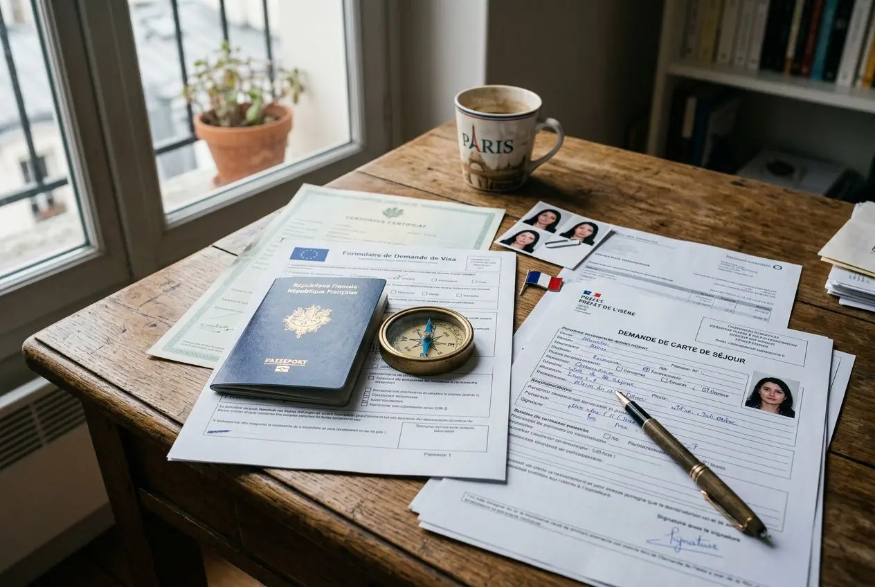 Papiers et passeport sur un bureau en bois avec boussole, visa et photos, mug “Paris” et demande de séjour, évoquant comment s'expatrier en France.
