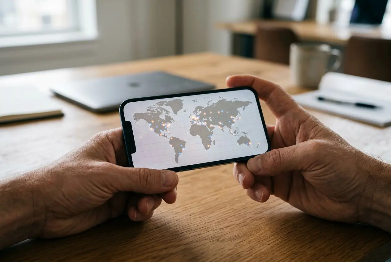Personne tenant un smartphone affichant une carte du monde, symbole du recrutement international pour des talents étrangers.