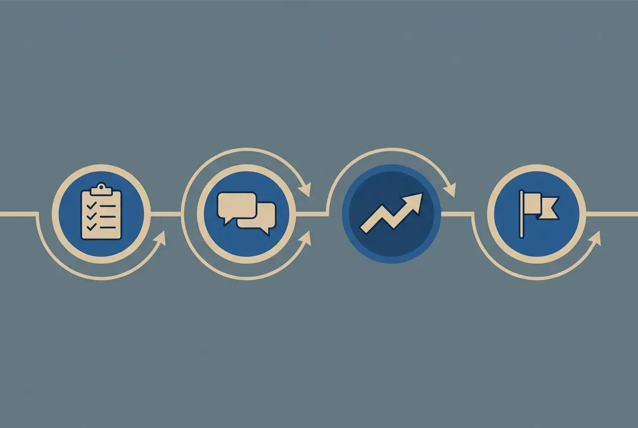 Processus onboarding entreprise illustré par une ligne d’étapes circulaires montrant planning, échanges et progression vers l’objectif.