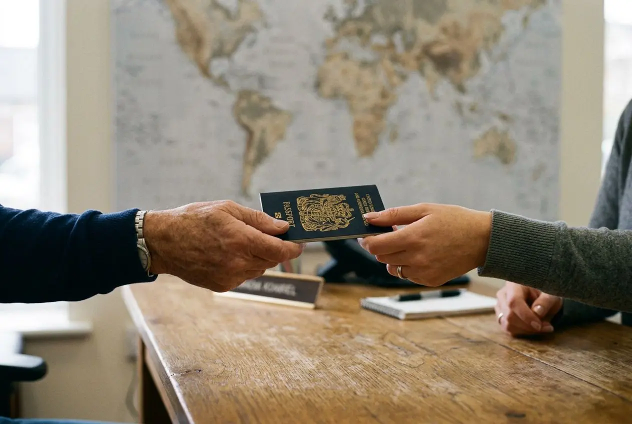 Remise d'un passeport par une personne à l'accueil, échange discret sur fond de carte du monde, ambiance professionnelle. Integrates: comment recruter des employés internationaux (keyword).