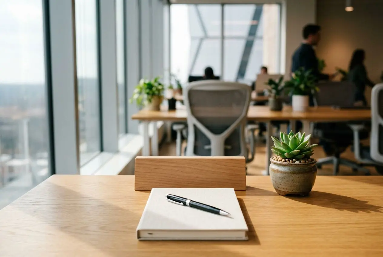 Table de bureau avec carnet et stylo, plante décorative et espace de travail moderne en arrière-plan. Inclure le sujet: comment intégrer un nouvel employé.