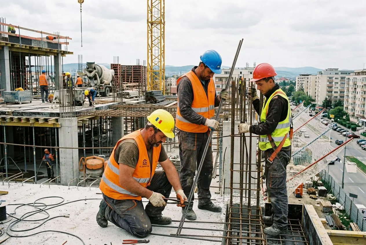 Trois travailleurs en sécurité sur un chantier, posant des armatures en acier sur une structure en construction.