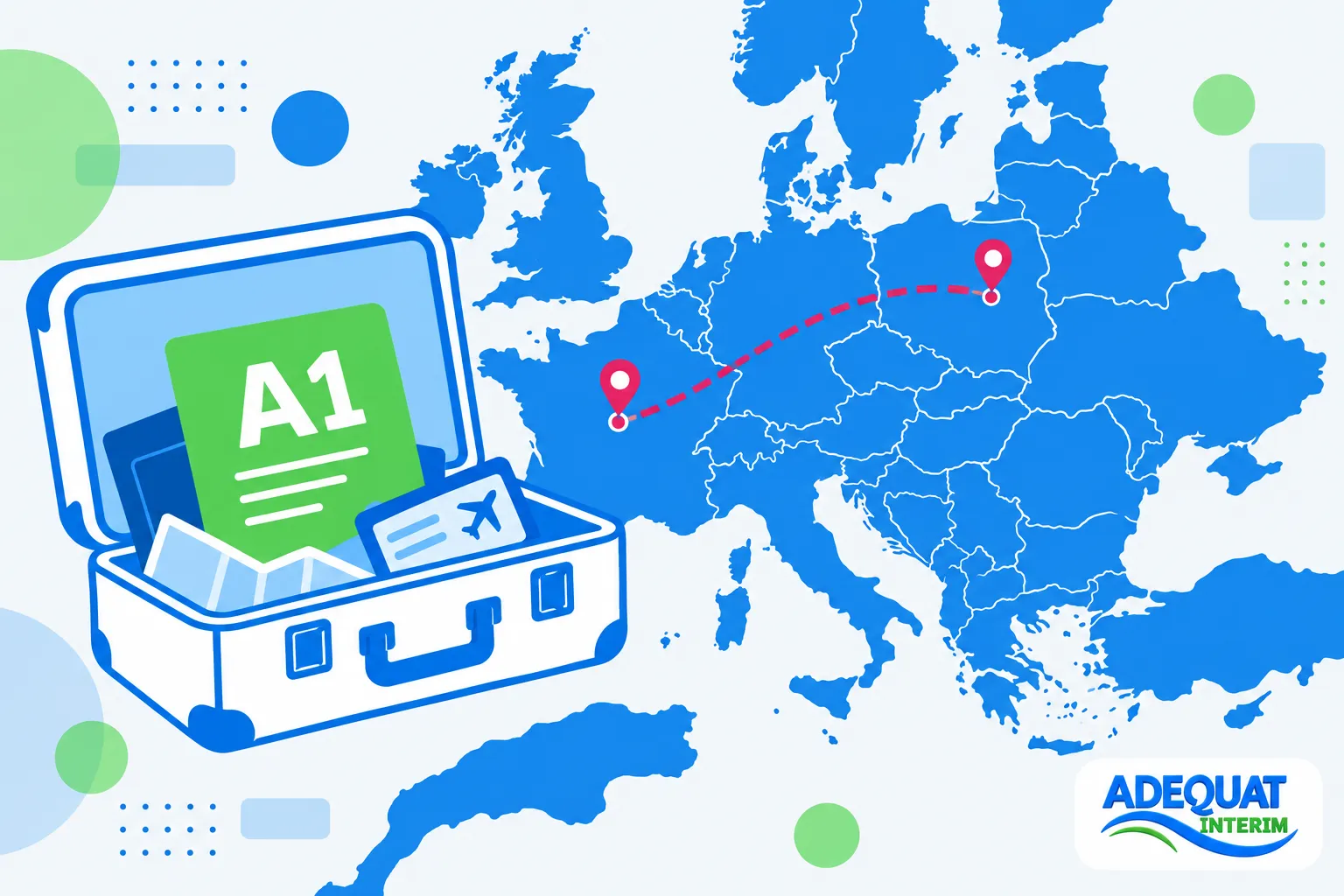 Carte illustrée montrant un mallette ouverte avec documents et un badge A1, sur fond Europe, symbole voyage et trajet point à point. Travailler à l'étranger pour une entreprise française.