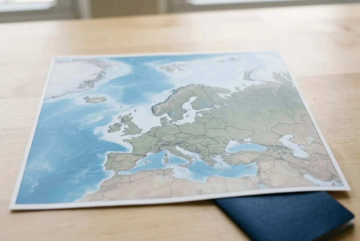 Carte de l’Europe utilisée pour estimer le permis de travail europe, avec un carnet à côté.